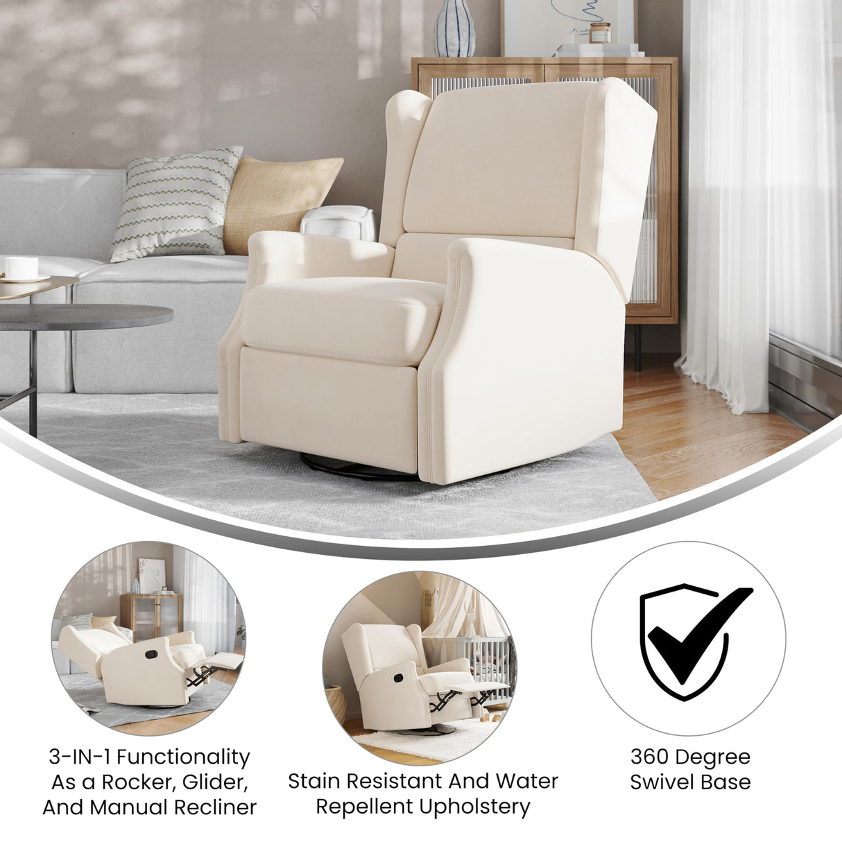 Flash Furniture Omma Swivel Glider Rocking Recliner, Manual Wingback Recliner with 360 Degree Swivel, for Living Room, Bedroom, or Nursery, Upholstered, Cream Flash Furniture