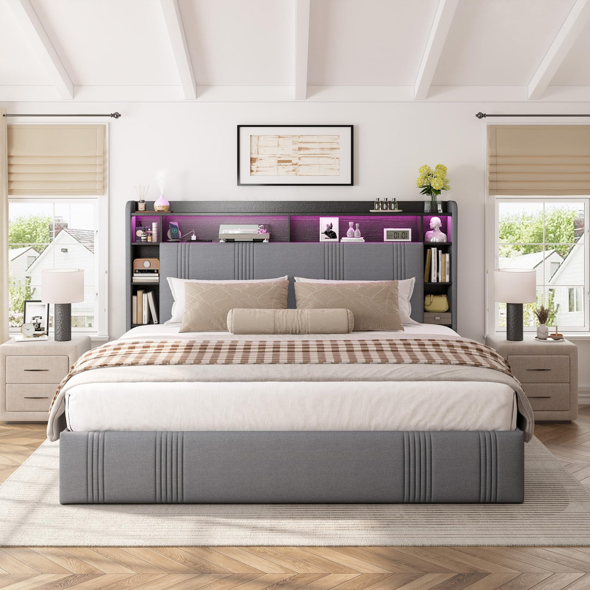 EnHomee King Size Bed Frame with 4 Storage Drawers, Upholstered Platform King Bed Frame and Headboard, King Bed Frame with LED Lights & Charging Station, Noise Free,No Box Spring Needed,Beige, Grey EnHomee