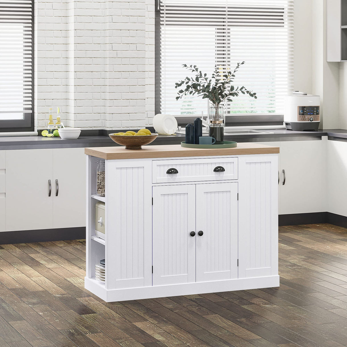 HOMCOM Fluted-Style Wooden Kitchen Island, Storage Cabinet w/Drawer, Open Shelving, and Interior Shelving for Dining Room, White HOMCOM