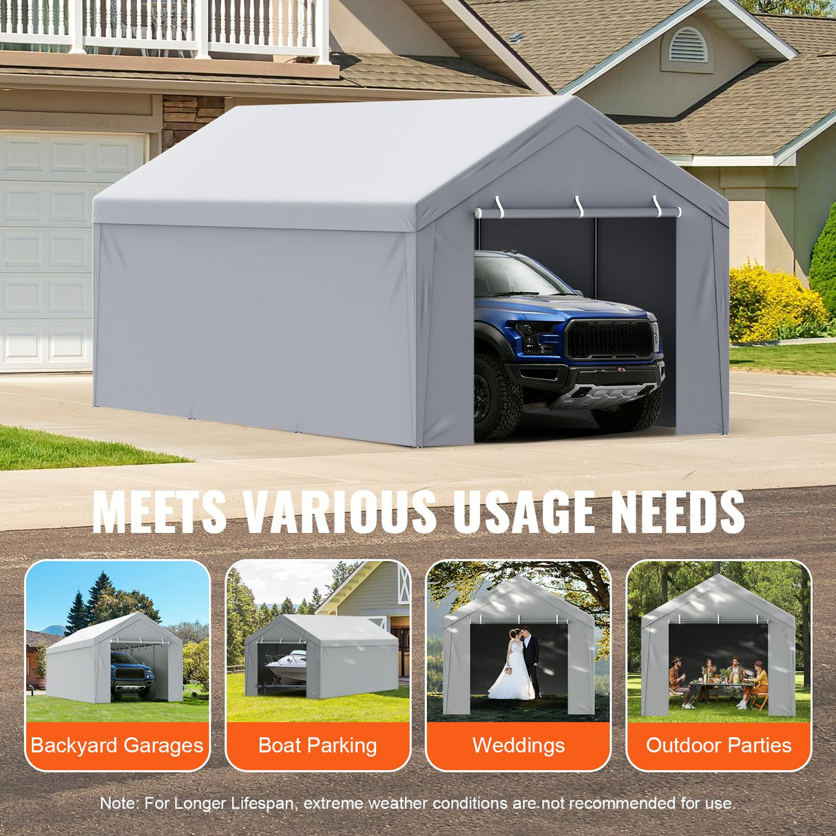 VEVOR Carport Replacement Canopy Cover Top + Side Wall 10 x 20 ft, Garage Tent Shelter Tarp Heavy-Duty Waterproof & UV Protected, Easy Installation with Ball Bungees,Grey (Frame Not Included) VEVOR