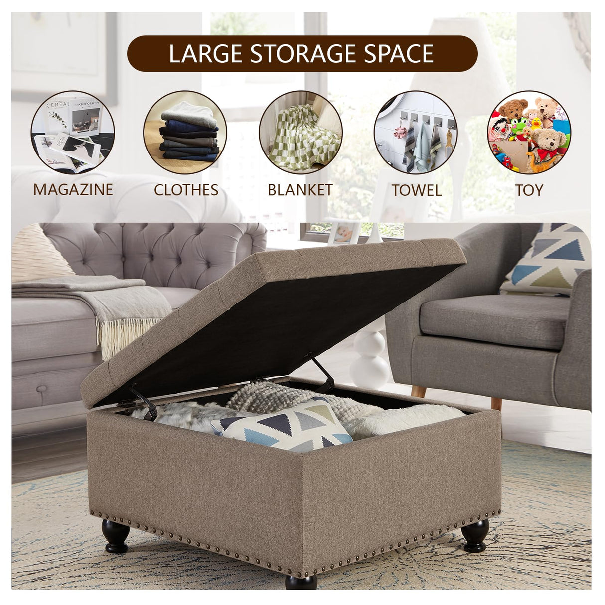 BAOMKONG Upholstered Square Ottoman, 30 Inch Linen Fabric Button Tufted Storage Ottoman with Wooden Legs Coffee Table with Nail Trims 4 in 1 Storage Chest Footrest Padded Seat End Table, Khaki BAOMKONG