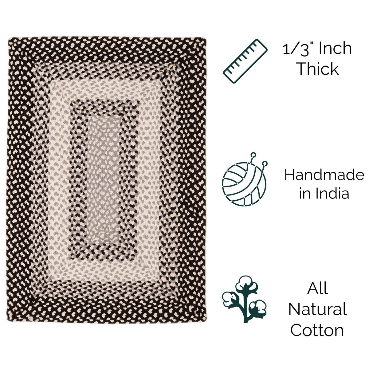 Super Area Rugs 5X8ft Farmhouse Braided Rug - Natural Soft Cotton Carpet for Living Room - Primitive Country Woven Rug - Black/Gray/Ivory Super Area Rugs