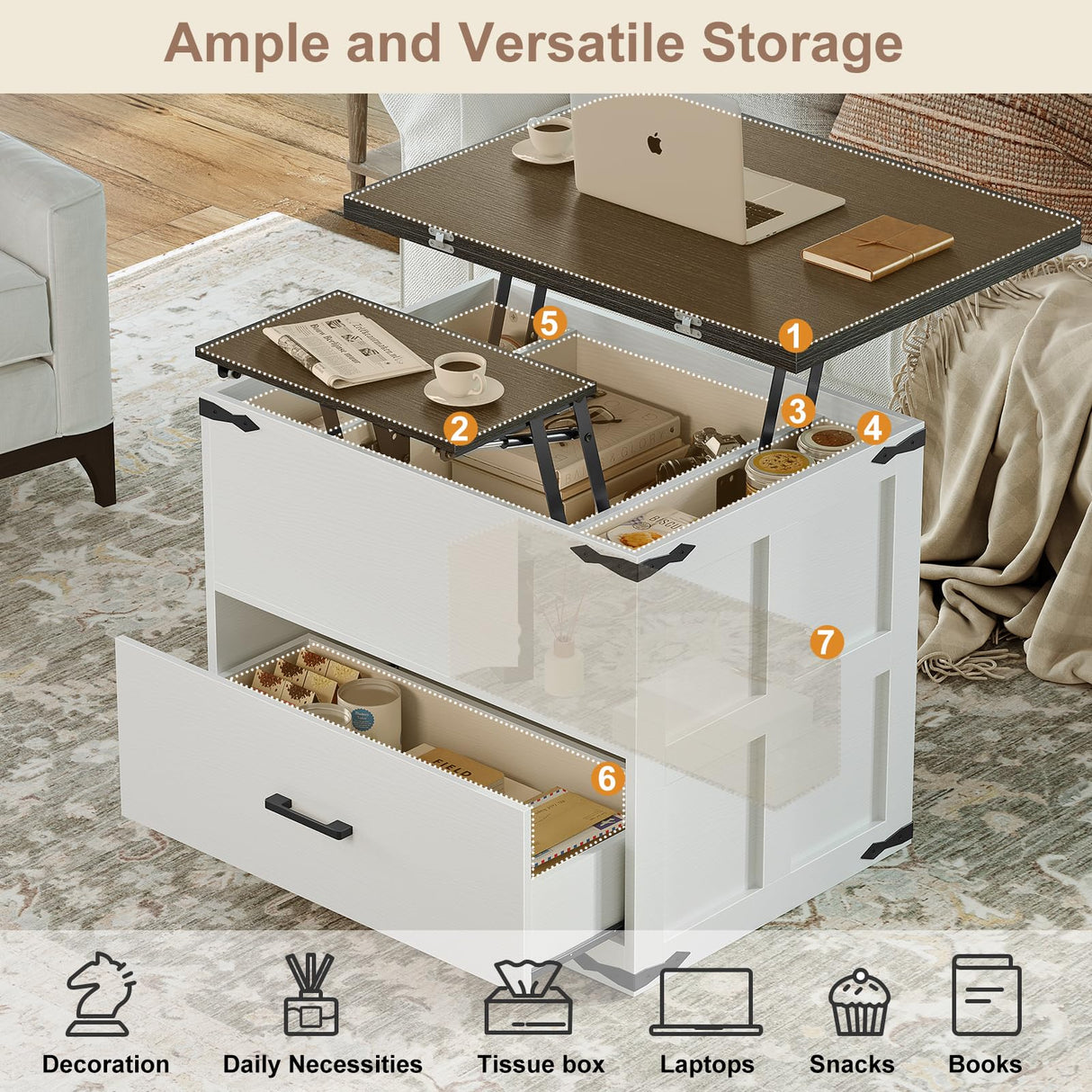 FABATO Lift Top Coffee Table, Farmhouse Coffee Table, Convertible Coffee Table with Storage and Drawer, Multifunctional Center Table Converts to Dining Game Table for Living Room, Antique White FABATO