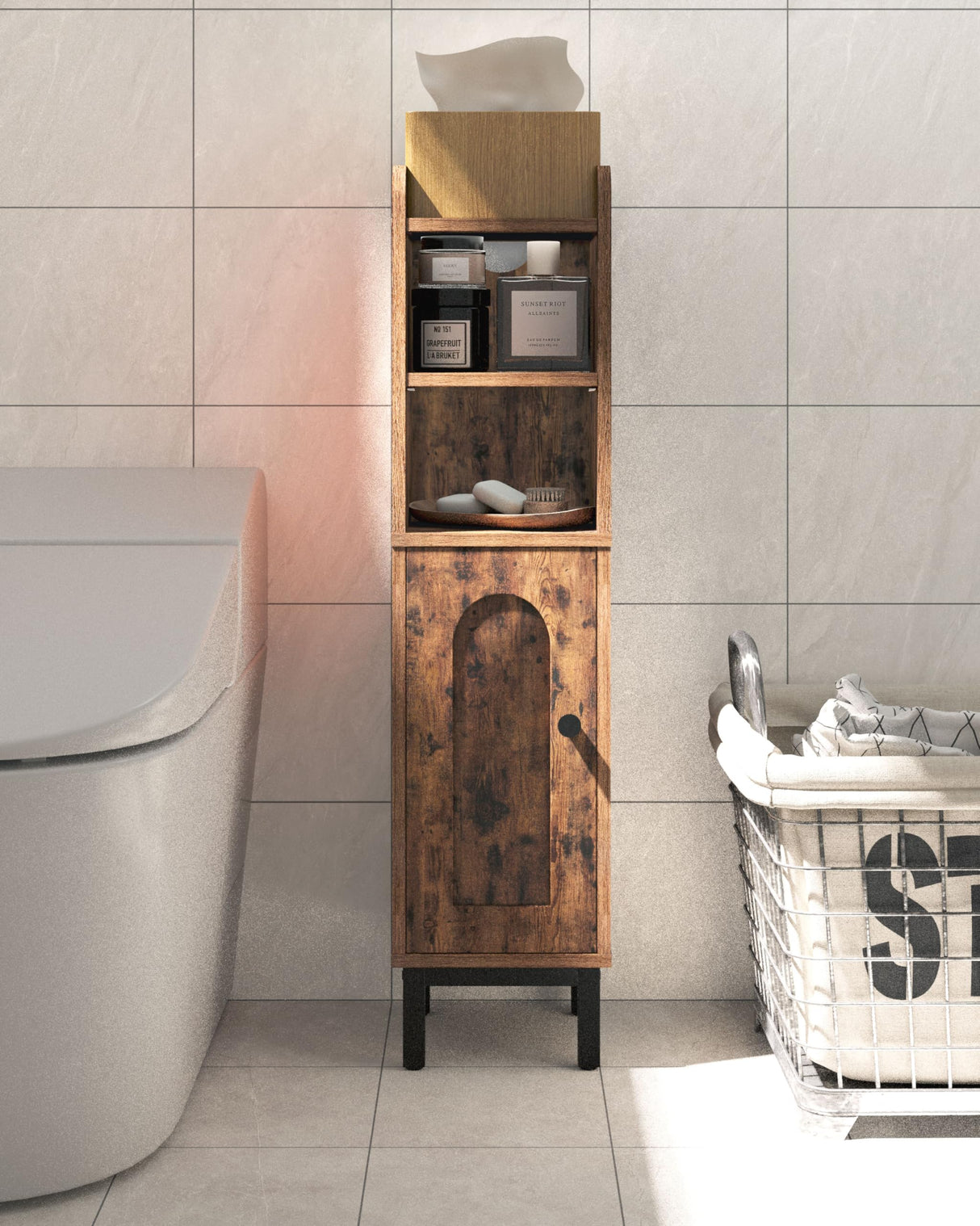 Hzuaneri Bathroom Storage Cabinet, Small Corner Floor Cabinet with Door and Shelves, Narrow Toilet Paper Cabinet, Bathroom Organizer with Adjustable Shelf, for Small Spaces, Rustic Brown BC08201X Hzuaneri