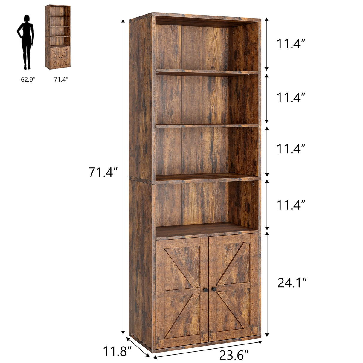 Garveehome Farmhouse Bookcase with Doors 11.8in Depth Display Storage Shelves 71.4in Tall Industrial Bookshelf Wooden 6 Shelf Bookshelves for Bedroom, Living Room, Home Office (Brown) GarveeHome