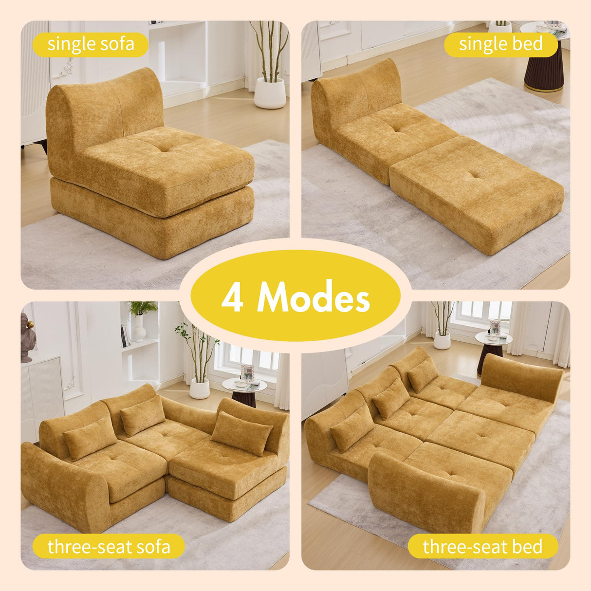 MAXMAXX 102" Modular Sectional Cloud Sofa,4-in-1 Folding Convertible Sofa Bed, Floor Boneless Couch, Modular Cushion Couch,Suitable for Living Room,Bedroom and Recreation Room(Yellow) MAXMXX