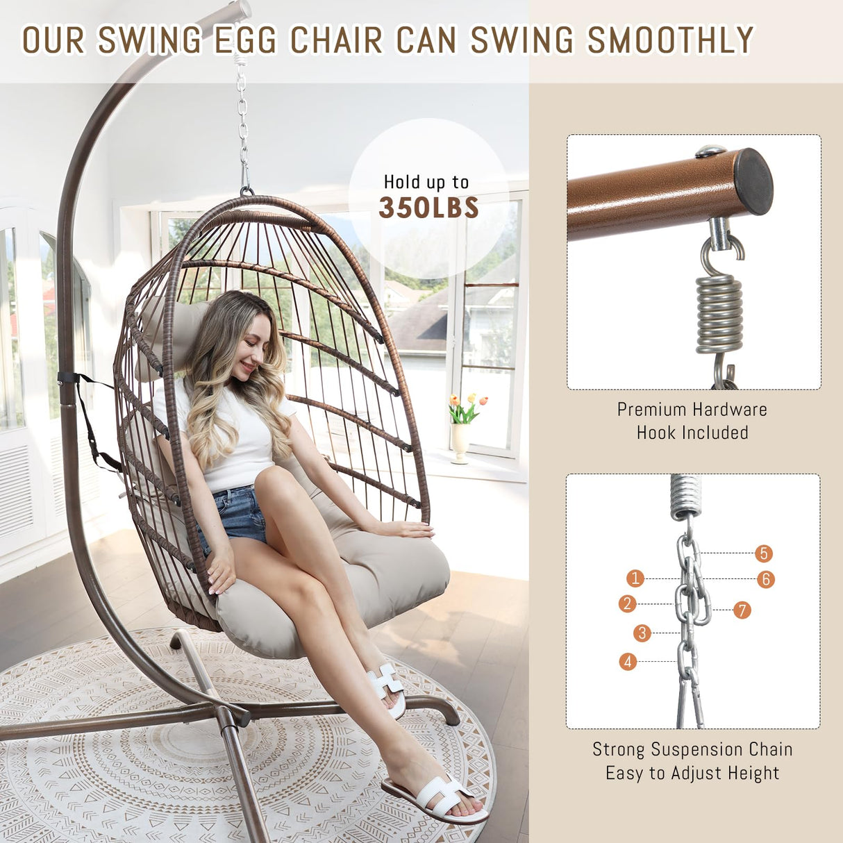 RADIATA Patio Hanging Egg Chair with Stand, Rattan Swing Chair with Cushion and Pillow, Wicker Hammock Chair for Indoor Outdoor Bedroom Living Room Garden (Brown with Cover) RADIATA