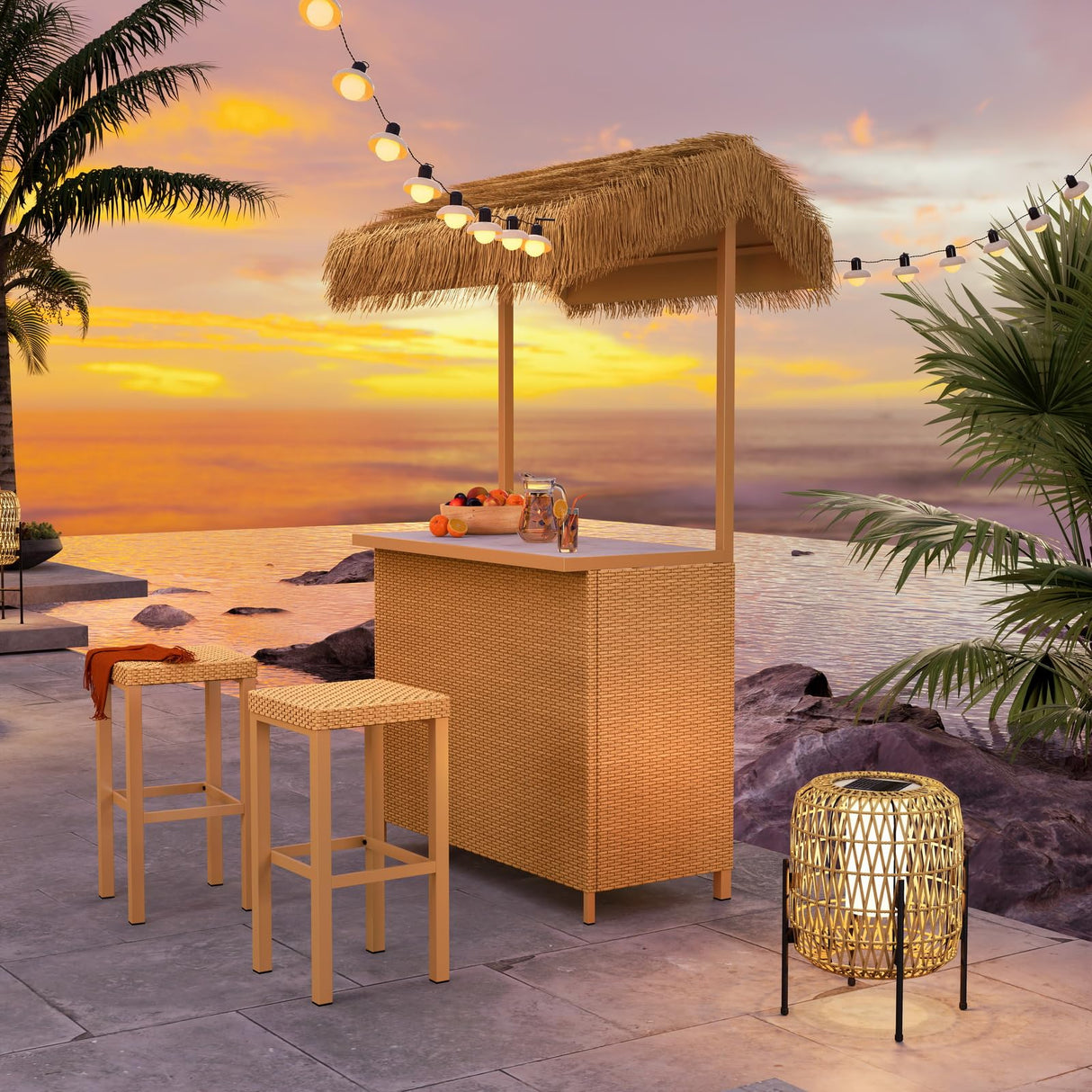 Grand patio Outdoor Tiki Bar Set with Widen Ceramic Top (42" W), Phuket 3-Piece Wicker Islander Tiki Bar and 2 Stools Storage for Garden, Natural Grand patio