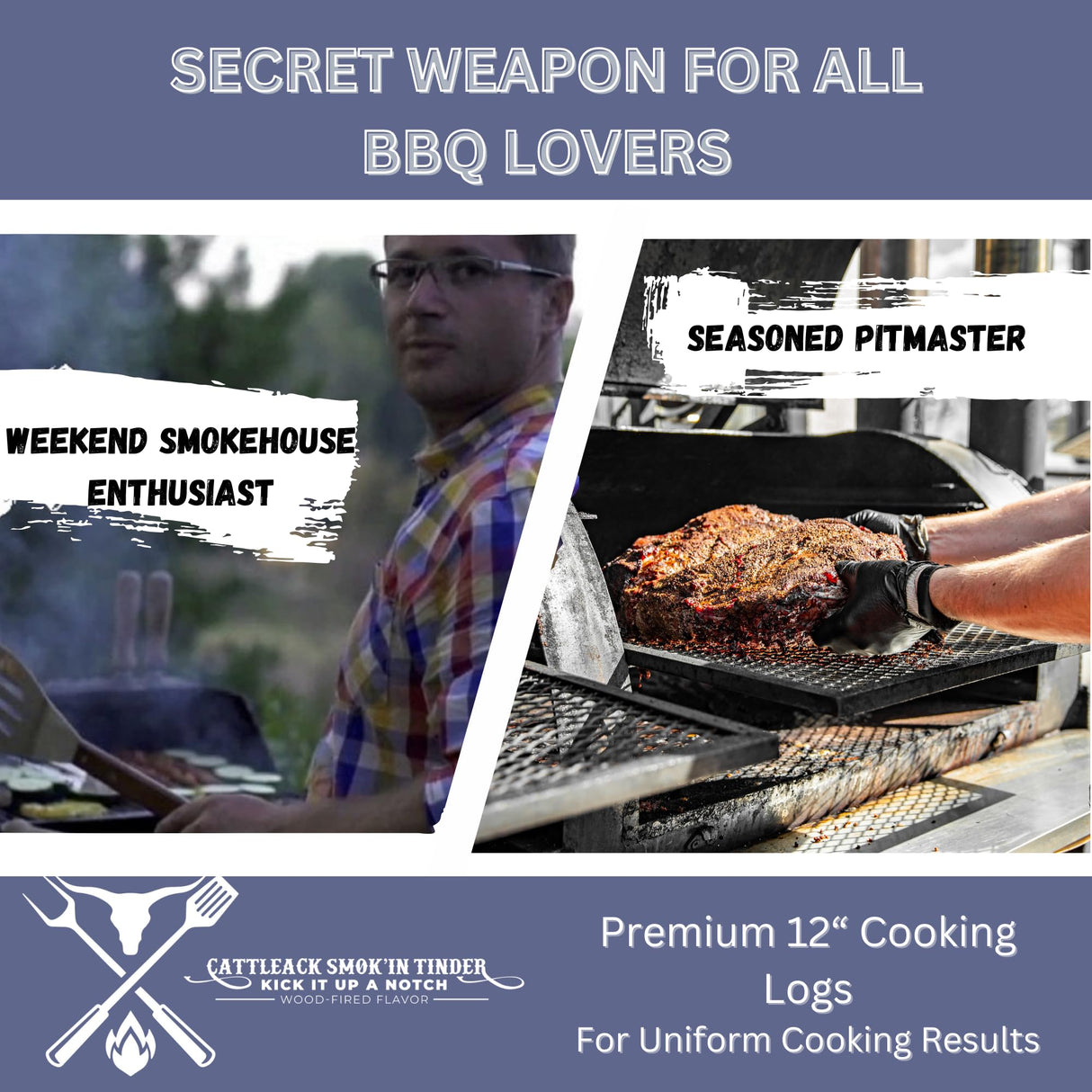 Cattleack Smok'in Tinder Logs, Cooking, Smoking, Grilling, Master BBQ - USA Smoking Wood Logs, 12" Length, Up to 3" Wide, Comes in 12"x12"x6" Box, 1/2 Cu. Ft., Secret to Smoky Perfection (Hickory) Cattleack Smok'in Tinder