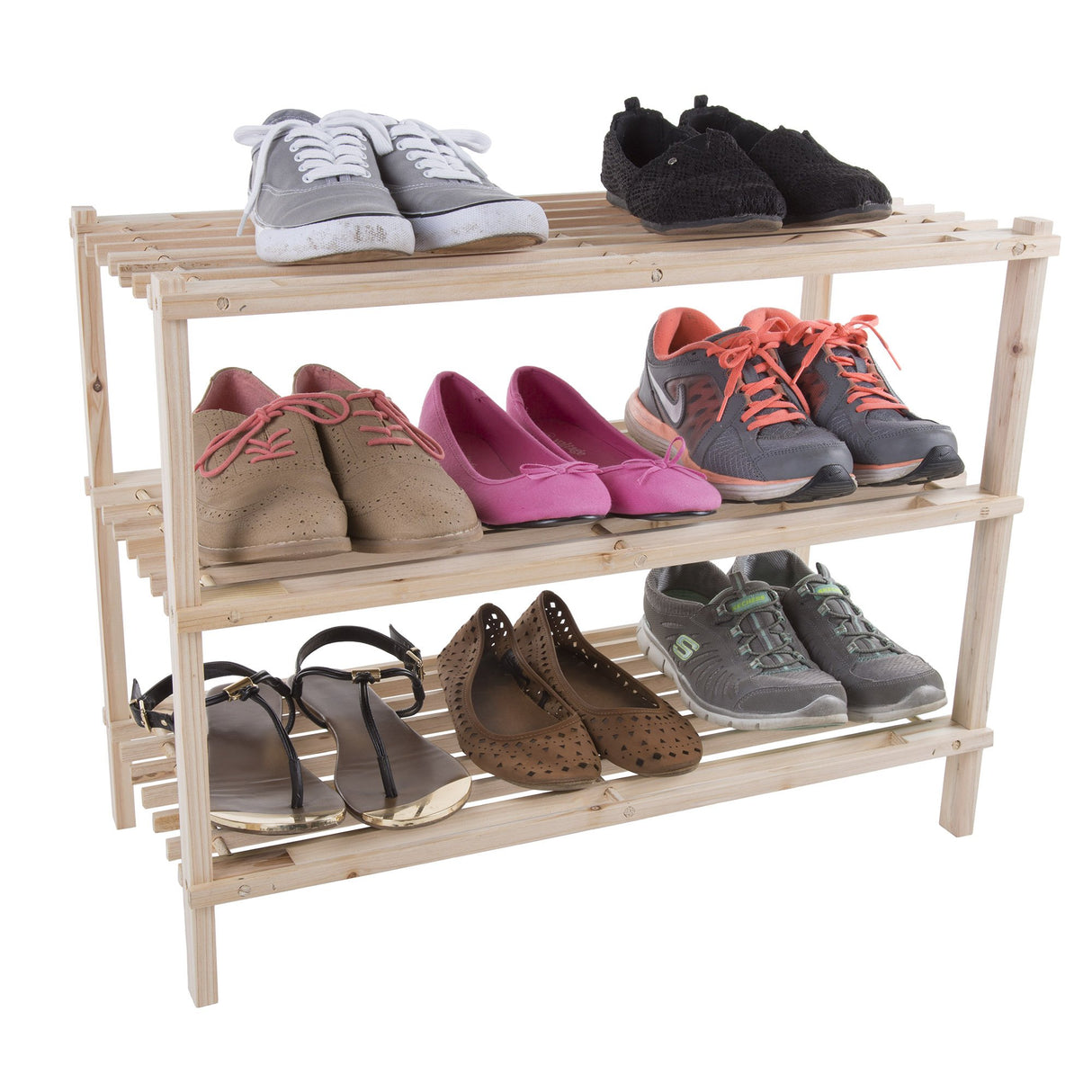 Shoe Storage Rack - 3-Tier Wood Shoe Organizer for Closet, Bathroom, Entryway - Footwear Shelf Holds 9 Pairs Sneakers or Boots by Lavish Home (Light Oak) Lavish Home