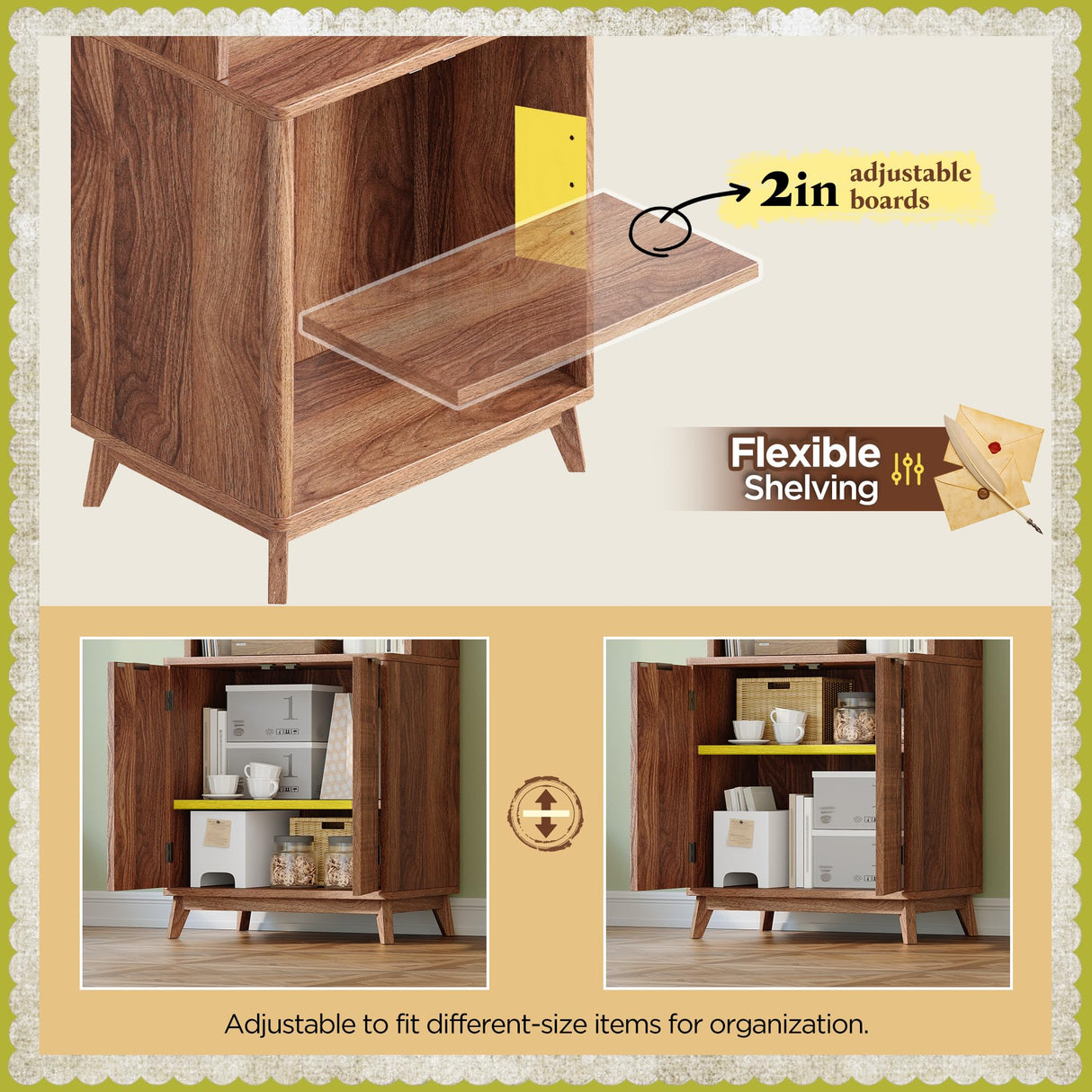 DurayLoly Tall Bookshelf with Doors, 6-Tier Bookcase with Adjustable Shelves & Storage,Fluted Cabinet Mid-Century Modern Wooden Book Shelf for Home Office, Living Room, Kitchen, Walnut DurayLoly