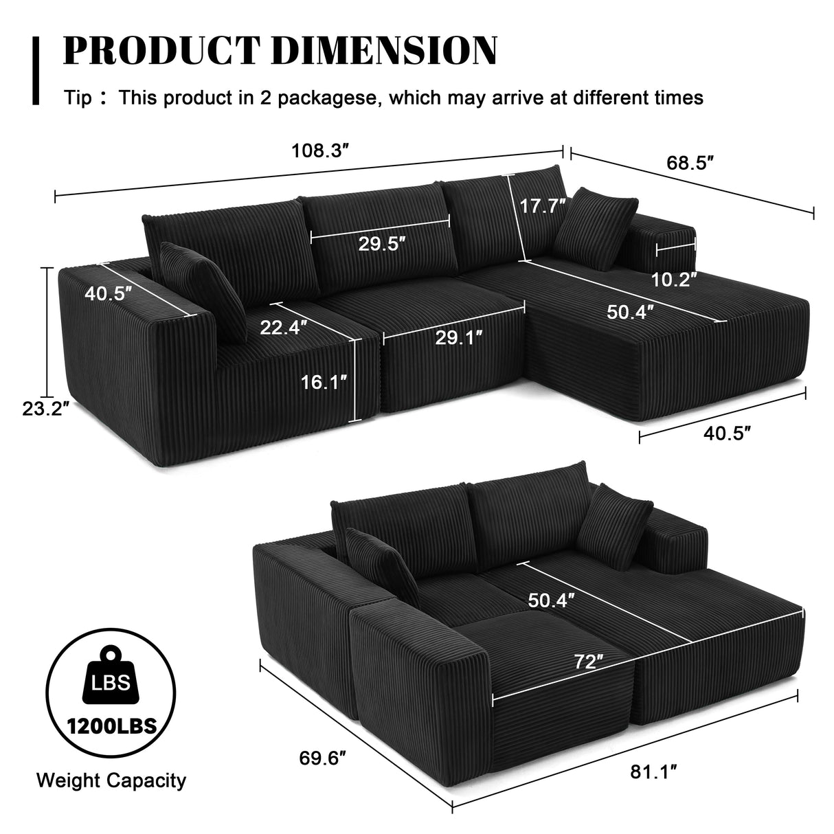 108” Modular Sectional Sofa, Cloud Sectional Couch with Deep Seat, Modern Modular L-Shape Sofa Couch with Chaise,Upholstered Couches for Living Room Bedroom (Black, Right Facing Chaise) Weture