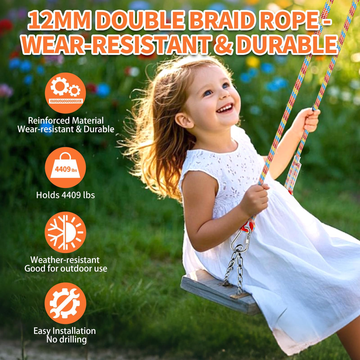 Werfeito Tree Swing Ropes (Set of 2), 3FT/5FT/10FT/15FT/20FT, Tree Swing Straps Hanging Kit Holds 4400 lbs, Heavy Duty Carabiners for All Swing Hammock Playground Set Accessories (5 FT) Werfeito