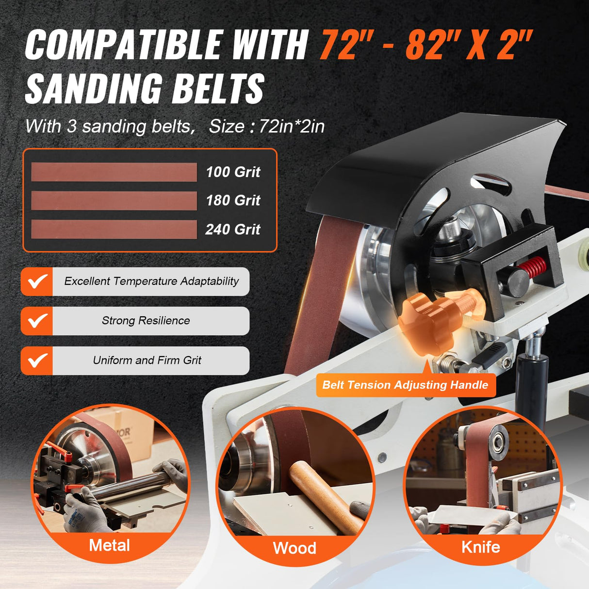 VEVOR Belt Grinder Sander, 72 x 2-Inch Variable Speed Belt Polisher with VFD, 1500W Knife Sharpener with 3 Grinding Moulds & 3PCS Sanding Belts for Metalworking, Compatible with 72"- 82 * 2" Belts VEVOR
