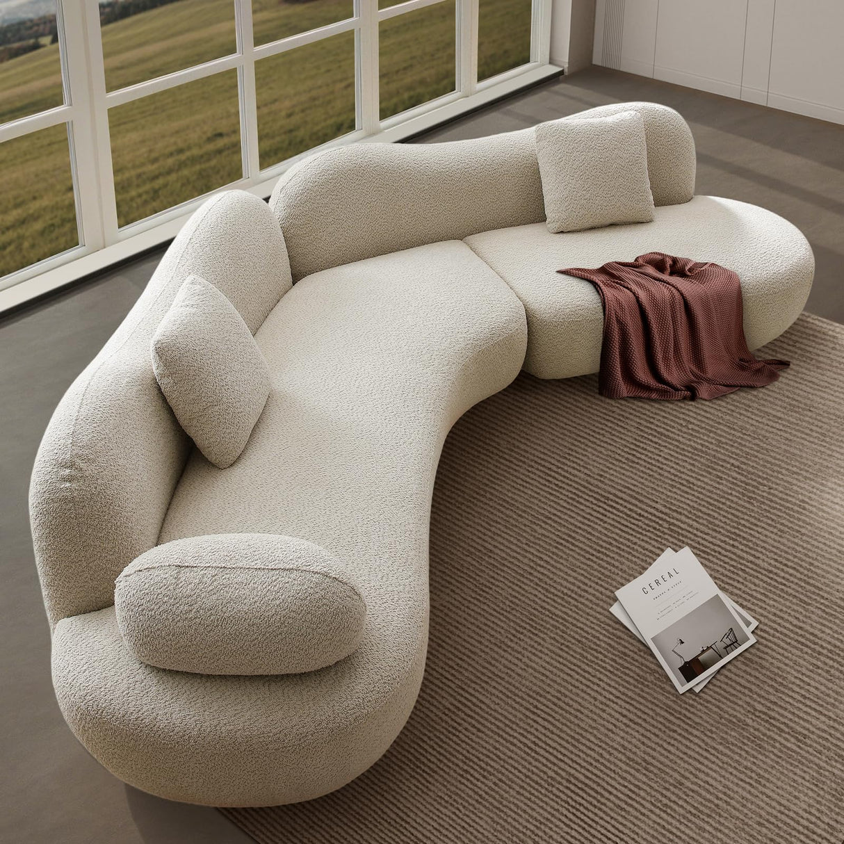 128" Luxury Curved Sectional Sofa with Ottoman, 6-Seater Boucle Couch Cloud Like Modular Sofa, Curved Sofas for Living Room, Luxury Couches with Butterfly Backrest Pillows (Beige) mr.waiba