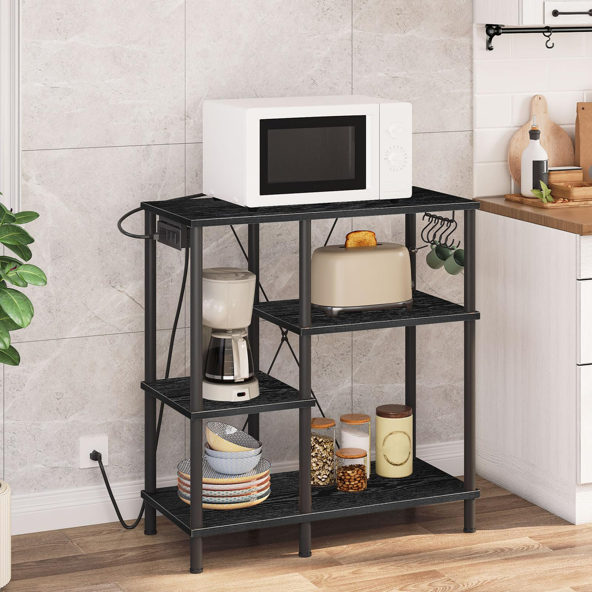 HOOBRO Bakers Rack with Power Outlet, Microwave Stand with 5 S-Shaped Hooks, Coffee Bar, Kitchen Storage Shelf, for Kitchen, Living Room, Black BB07UHB01 HOOBRO