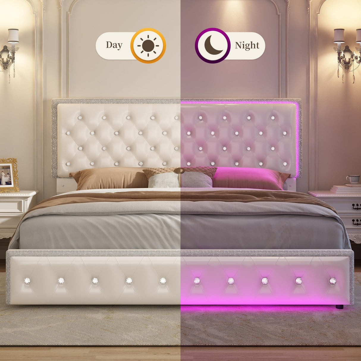 SIBEDS Full Led Bed Frame with 2 Drawers, Storage Platform Bed with Upholstered Crystal Button Tufted Headboard Footboard, 2 Side Pockets, No Box Spring Needed, PU White SIBEDS