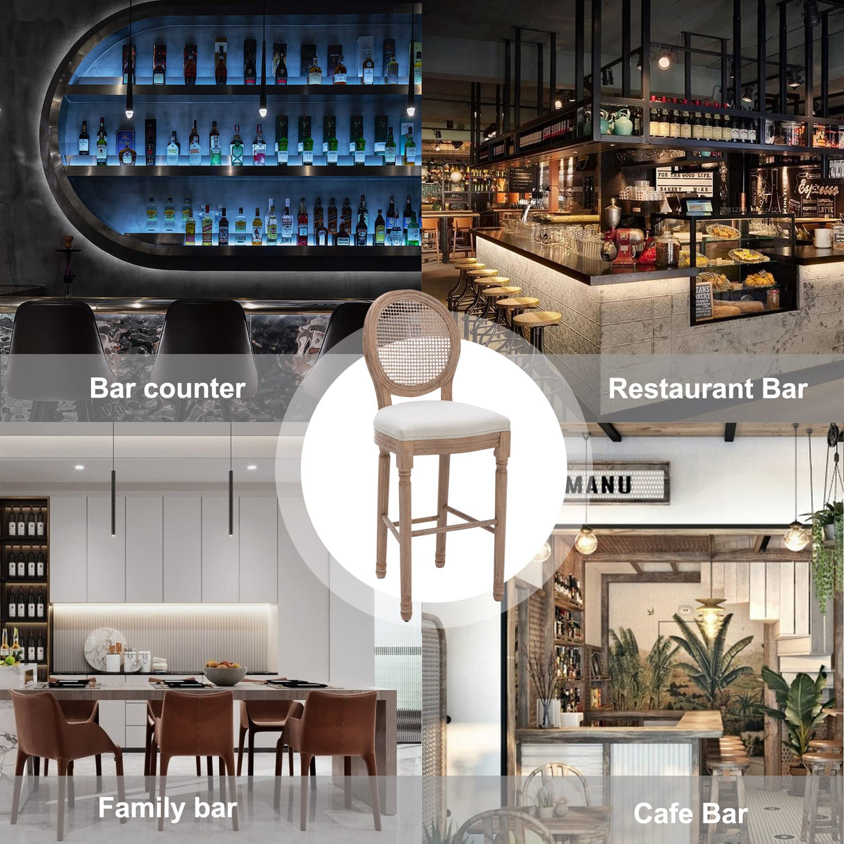 Nrizc Farmhouse Bar Stools Set of 4, French Country BarStools with Solid Wood Frame and Upholstered, Rattan Back Kitchen Bar Stool for Dining Room, Kitchen Nrizc