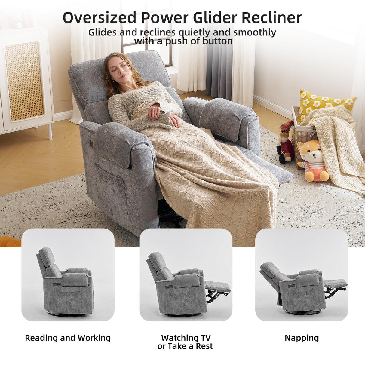 Rhevoy Oversized Power Recliner Chair, 26" Extra Wide Swivel Rocker Recliner with Adjustable Headrest, Chenille Glider Rocking Nursery Chair with Overstuffed Armrest, USB Ports, Grey Rhevoy