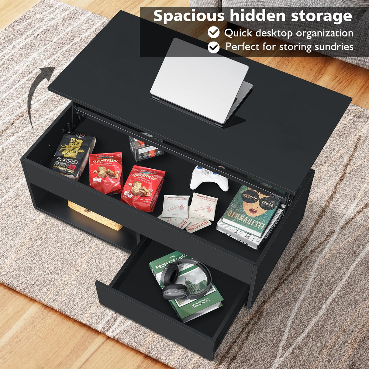 HOMMPA Lift Top Coffee Table with Storage LED Coffee Table Morden High Gloss Living Room 3 Tiers Modern Tea Table with Storage Center Tables Hidden Compartment & Open Shelve & Drawer Black HOMMPA