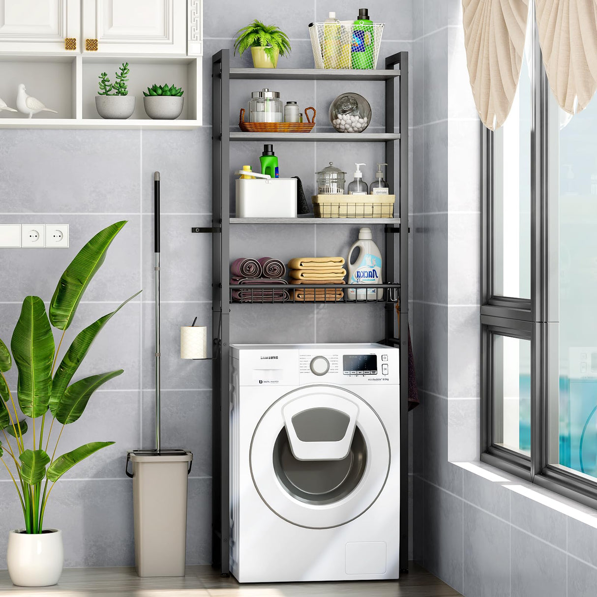 Kalrin Over-The-Toilet Storage Rack, 4-Tier Bathroom Organizer Shelf Over Toilet with Adjustable Shelf and Basket, Freestanding Space Saver Bathroom Shelves Above Toilet for Room (Pure Gray) Kalrin