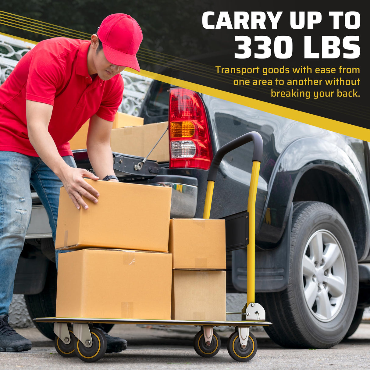 Upgraded Foldable Push Cart Dolly | 330 lbs. Capacity Moving Platform Hand Truck | Heavy Duty Space Saving Collapsible | Swivel Push Handle Flat Bed Wagon - Yellow Lifetime Appliance Parts