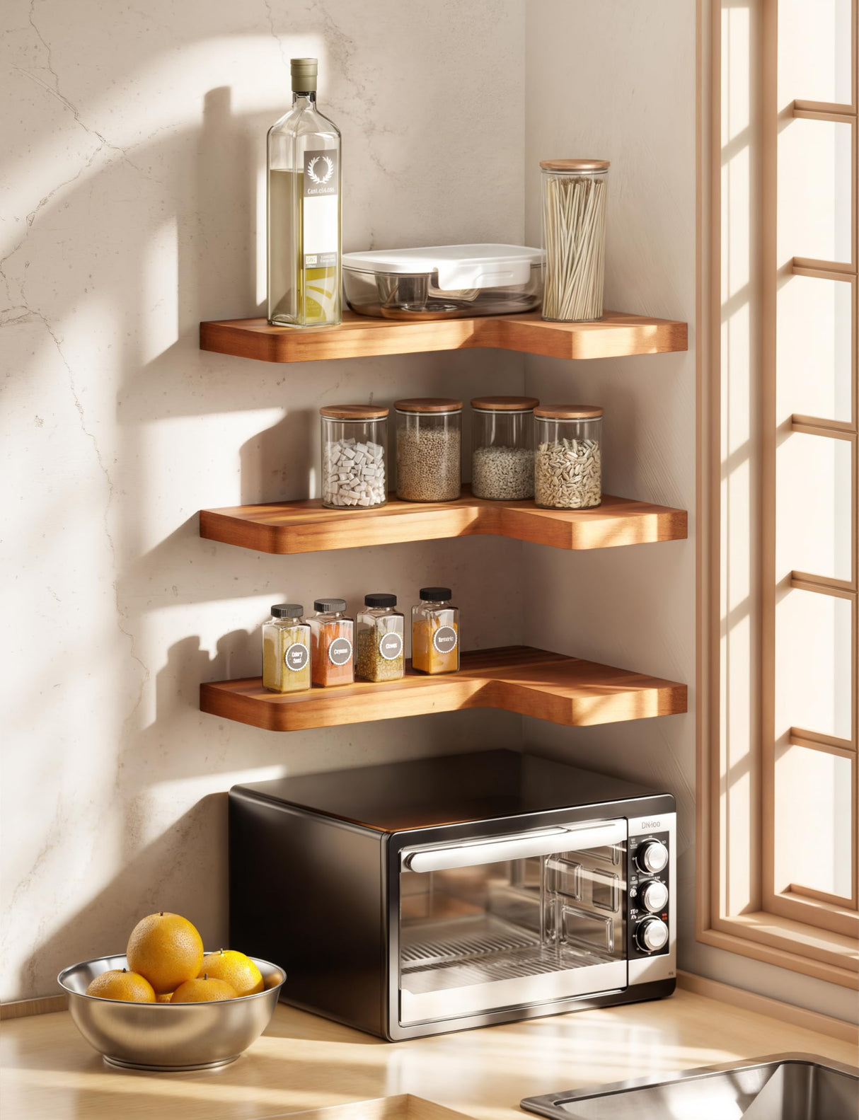 BATODA Acacia Wood Corner Floating Shelves 17" x 12"– Corner Shelf Wall Mounted - Floating Corner Shelves for Wall - Brackets and Shelving Hardware Included for Kitchen, Living Room, Bathroom (Set 2) BATODA