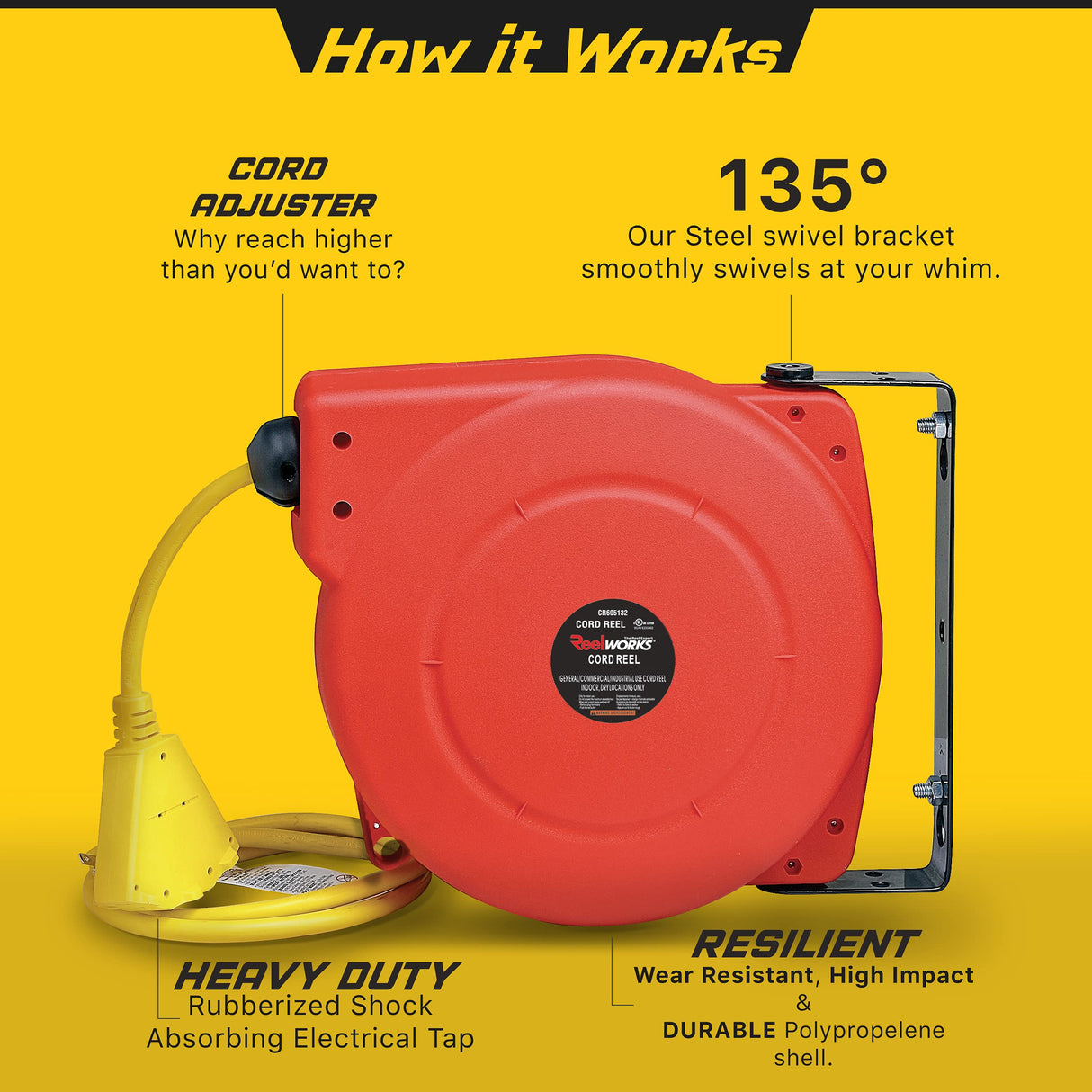 ReelWorks Retractable Extension Cord Reel Polypropylene 12AWG x 40' Foot Industrial Commercial Grade 3C SJT Cable Triple Tap Connector 15A 125VAC 1875W 60Hz Current Interrupter Best for Indoor Use ReelWorks