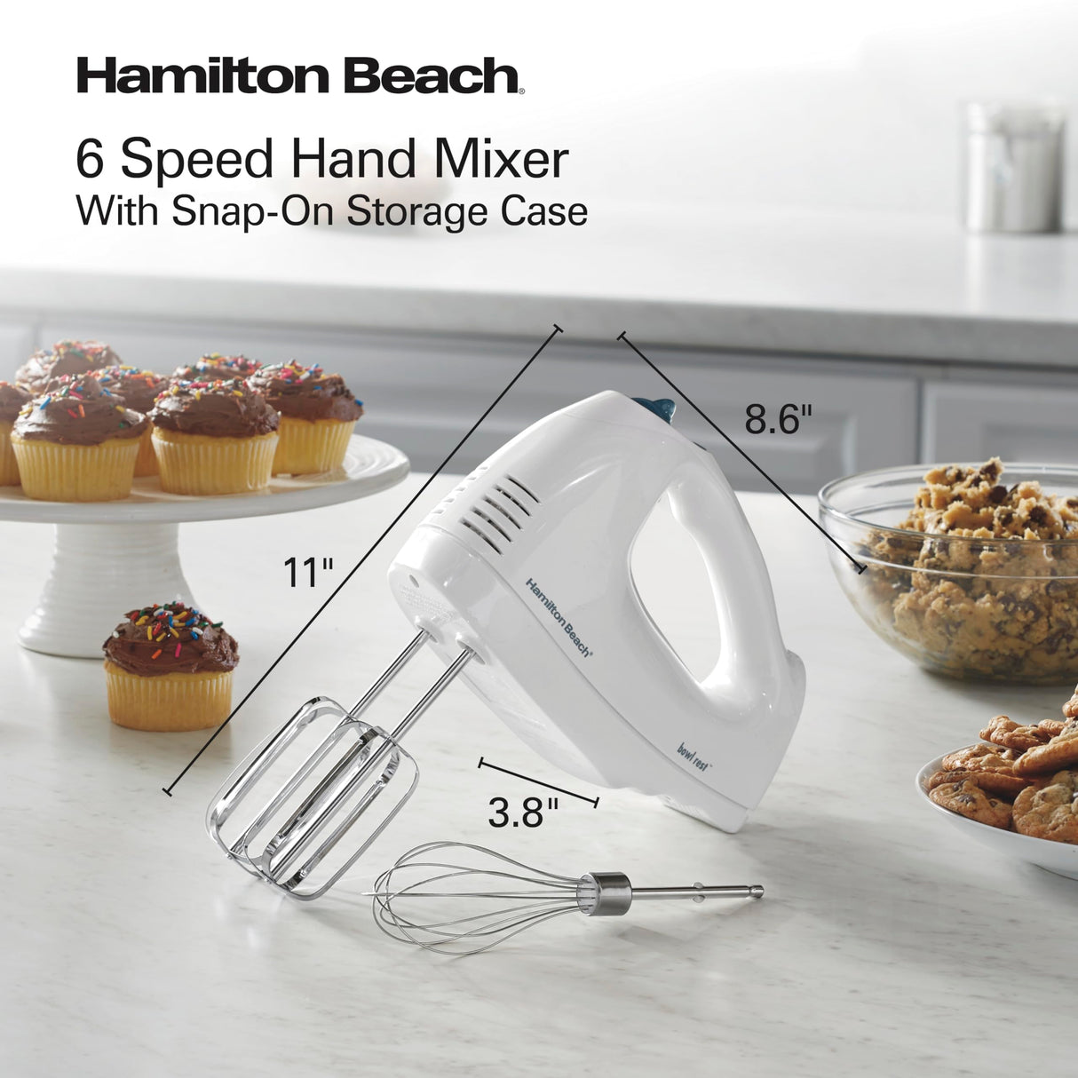 Hamilton Beach 6-Speed Electric Hand Mixer with Whisk, Traditional Beaters, Snap-On Storage Case, 250 Watts, White Hamilton Beach