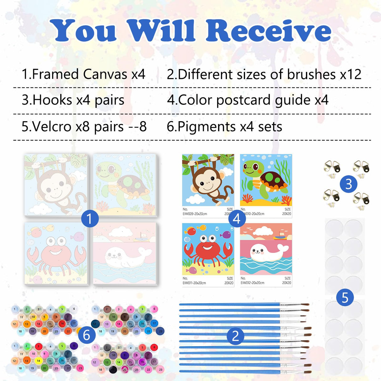 MEIYUDA Framed 4Pack Animals Paint by Number Kit for Kids, Cute Animals Paint by Numbers for Kids Age 4-8-12, DIY Acrylic Oil Painting for Home Wall Decor 8x8in MEIYUDA