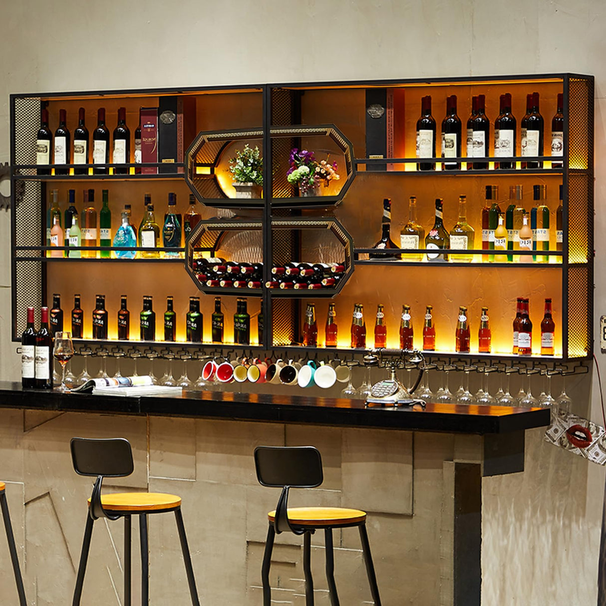 Dawselod 94.5in Large Wall Mounted Wine Rack,4-Tiers Liquor Bottles Floating Shelves Display Storage Organizer for Home Bar & Dining Room Decorative (94.5" W x 9.8" D x49.2 H) Dawselod