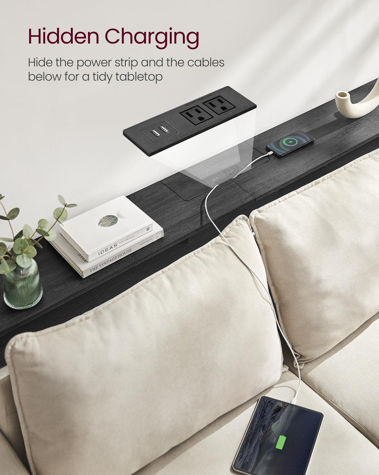 VASAGLE 70.9-Inch Console Table with Outlet and Shelves, Sofa Table with Charging Station, Behind Couch Table Skinny, Entryway Table for Hallway, Living Room, Charcoal Gray and Ink Black ULNT118B22 VASAGLE