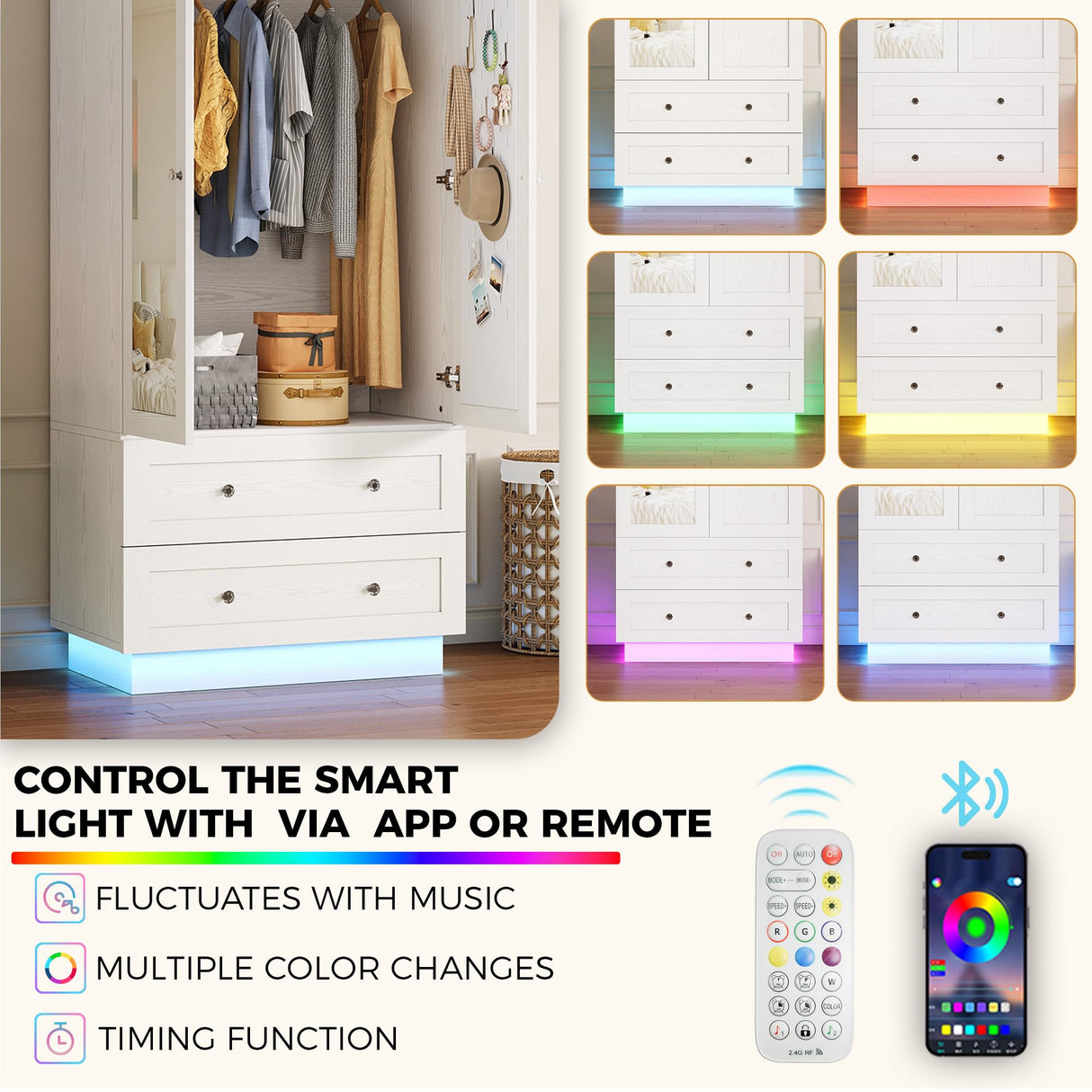 IRONCK Wardrobe Closet with LED Light & Mirror, Wooden Modern Armoire with 2 Drawers and Hanging Rod, Large Capacity Storage Closet for Bedroom, White IRONCK