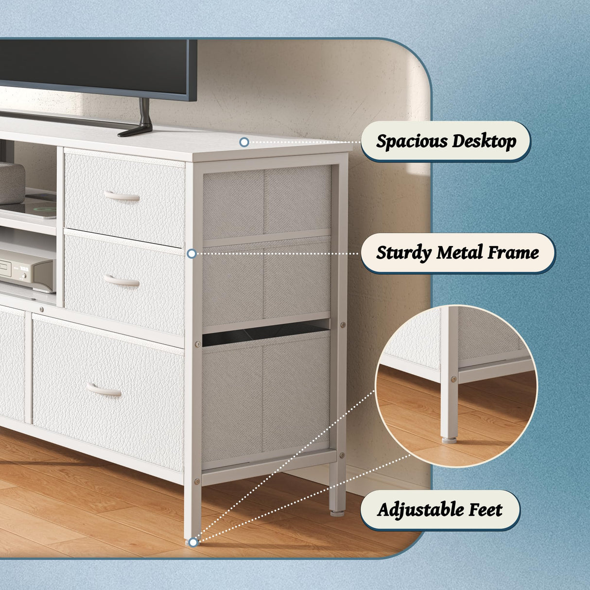 Huuger Dresser for Bedroom with Power Outlets and LED Lights, 7 Drawers TV Stand Dresser for 55 Inch TV, 47 Inches TV Console with Open Shelf, Wide White Dresser, PU Leather, for Bedroom Huuger