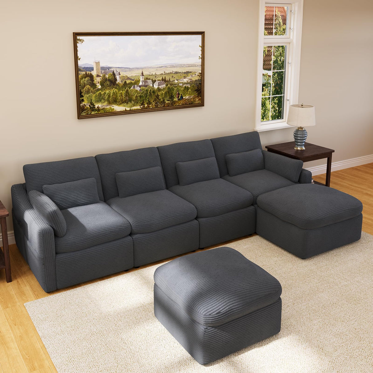 ISHUHL Cloud Modular Sectional Sofa, 124" Oversized Sectional Couches for Living Room, Convertible Deep Seat Sofa Set, Corduroy U Shaped Couch with 2 Ottoman (Dark Grey) ISHUHL