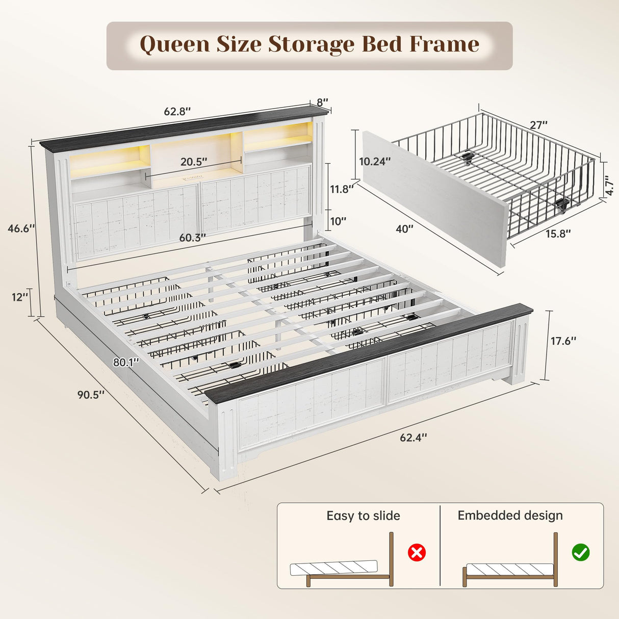 EnHomee Queen Bed Frame with Headboard and Storage, 4 Drawers and LED Built in Charging Station Bed Frame Queen Size with Storage Farmhouse, NO Noise,No Box Spring Needed, White EnHomee