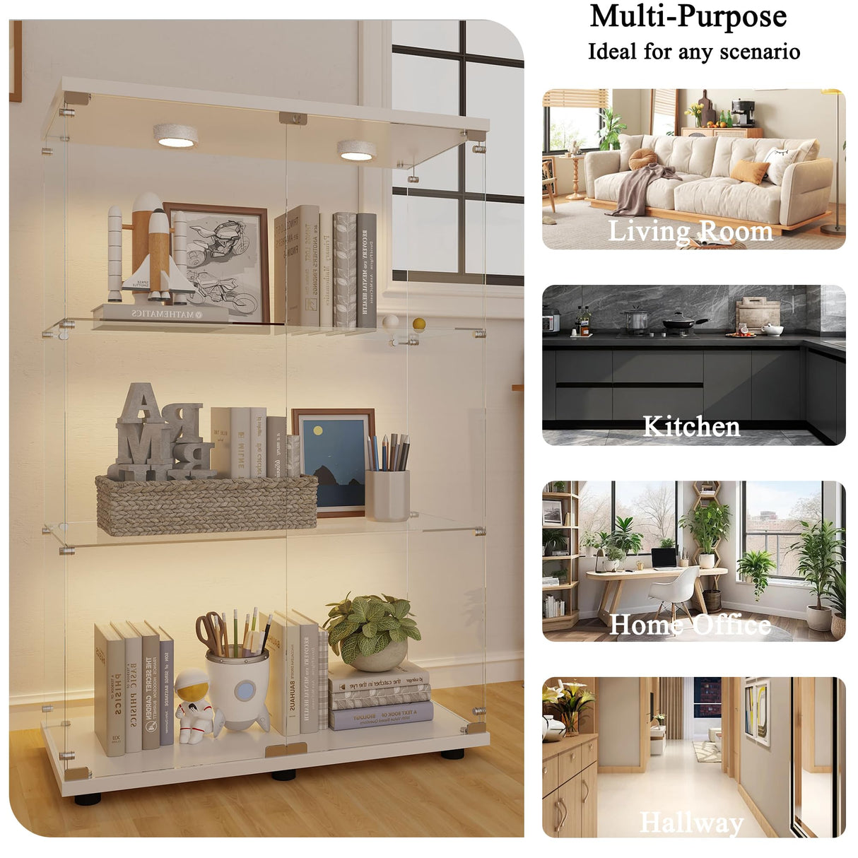 TRJQBCC 49" H 2 Doors Tempered Glass Display Cabinet with LED Light, 3-Shelf Wooden Curio Storage Cabinet with Adujust Floor Feet, Freestanding Lockable Display Storage Case Bookshelf for Home(White) TRJQBCC