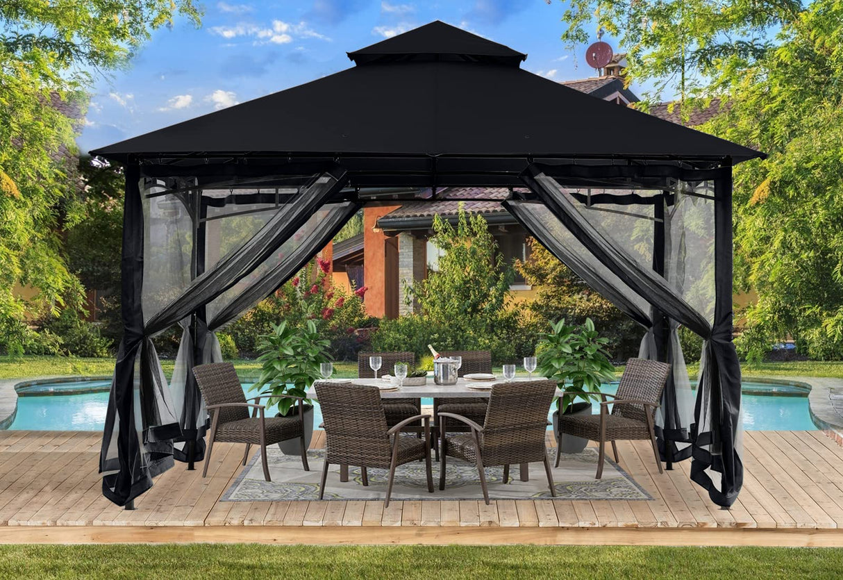 ABCCANOPY Gazebos for Patios 10x12 - Outdoor Steel Frame Gazebo with Mosquito Netting for Lawn Backyard Garden Deck (Black) ABCCANOPY