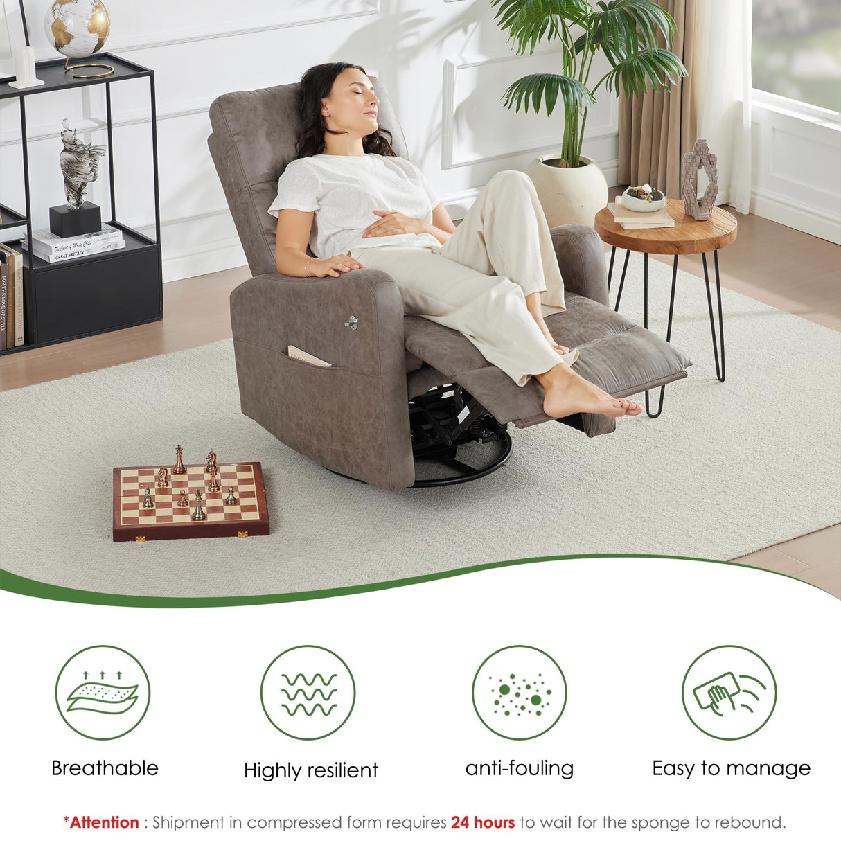 AYEASY Oversized Recliner Chair, Leather Swivel Rocking Chair Reclining with Phone Holder, Ergonomic Lazy Boy Fabric Sofa Chair with Lumbar Support, Manual Glider Chair for Living Room, RV, Grey AYEASY