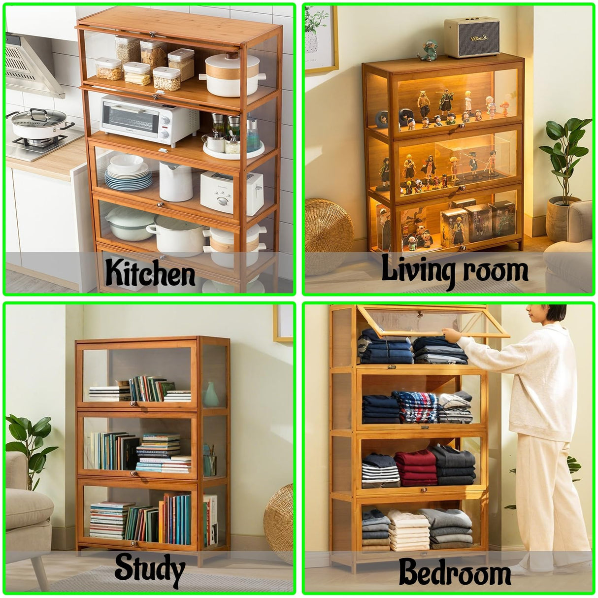 Display Cabinet with Acrylic Doors for Collectibles 4 Tier 3 Tier Small Curio Cabinet Display Case for Figures Wood Storage Cabinet for Bedroom Living Room Playroom Kitchen,Brown,4 Tier_Flip Up Door NENAGGE