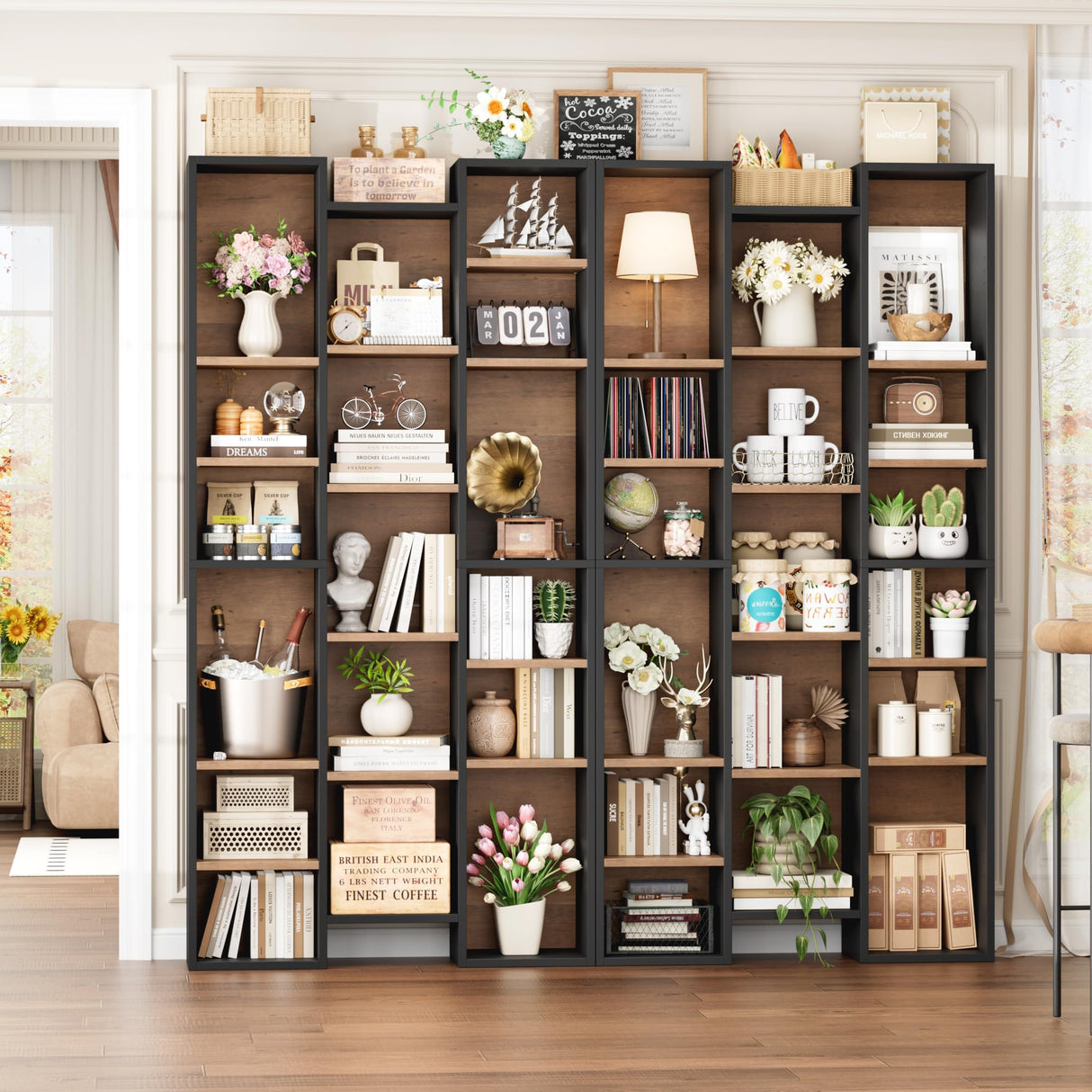 FOTOSOK 71โโ Tall Bookshelf, Triple Wide Bookshelf with Adjustable Shelves, 8 Tier Media CD DVD Storage Tower Rack, Diaplay Cabinet Shelf, Cube Storage Organizer Shelf for Home Office, Black/Brown FOTOSOK