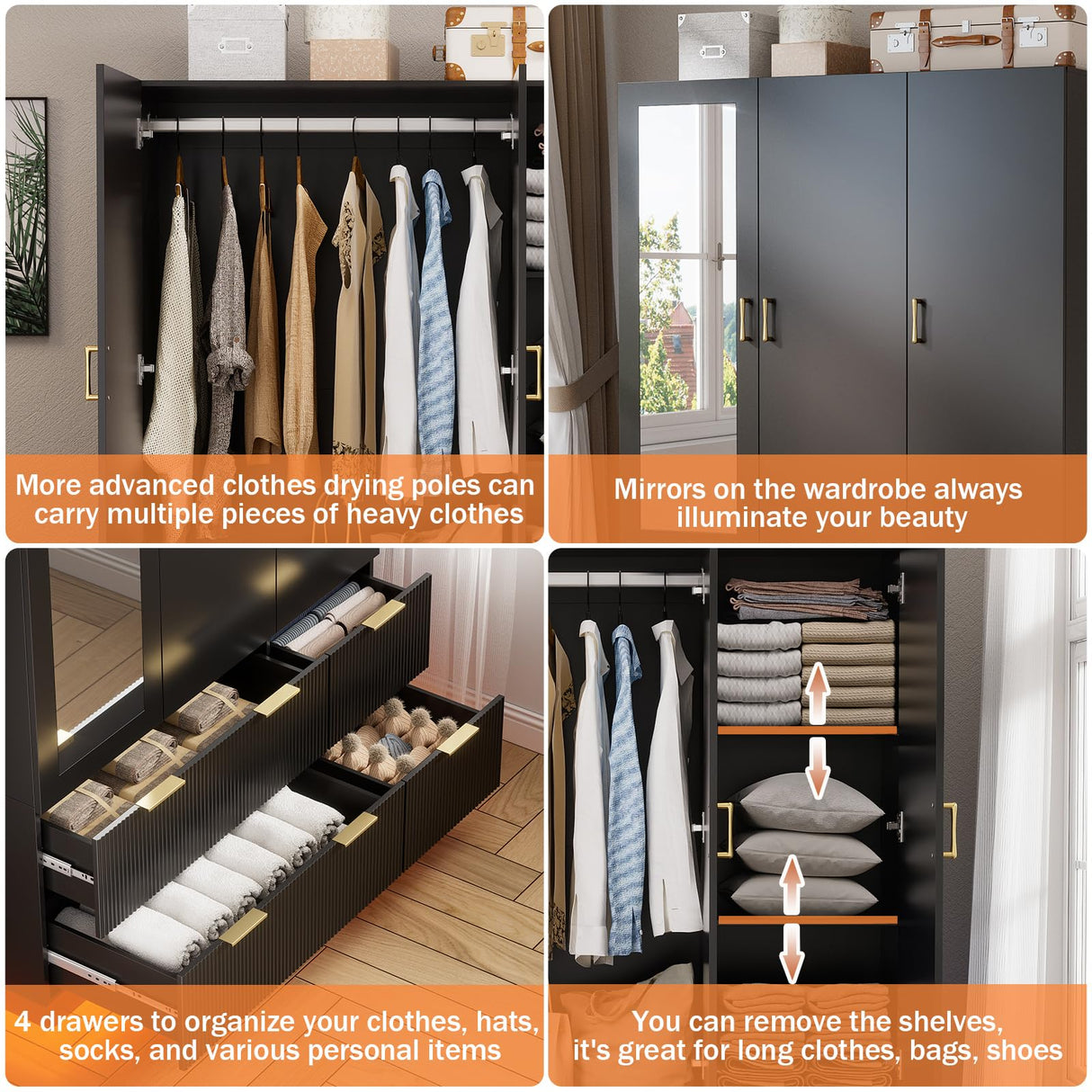 PAKASEPT Large Wardrobe Closet, Armoire Closet with Door and Mirror, LED Lights, Hanging Rod, Drawers, Armoires and Wardrobes for Bedroom (Black) PAKASEPT