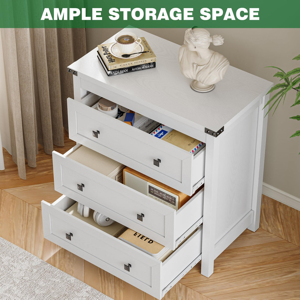 Dresser for Bedroom with 3 Drawers, Small Chests of Drawers, 27.55" Wide Farmhouse Wood Nightstand Bedside Cabinet End Table, Modern Closet Storage Organizer for Living Room, Entryway, Hallway, White Xixini