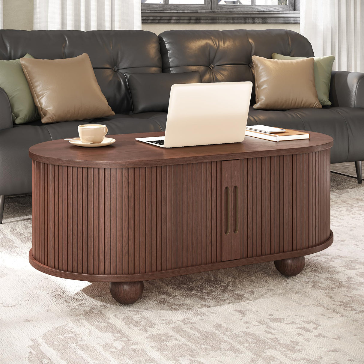 Alohappy Oval Coffee Table, Mid Century Modern Coffee Table with Sliding Tambour Doors, Fluted Center Table with Hidden Storage for Living Room, Dining Room, Apartment, Home Office, Dark Brown Alohappy