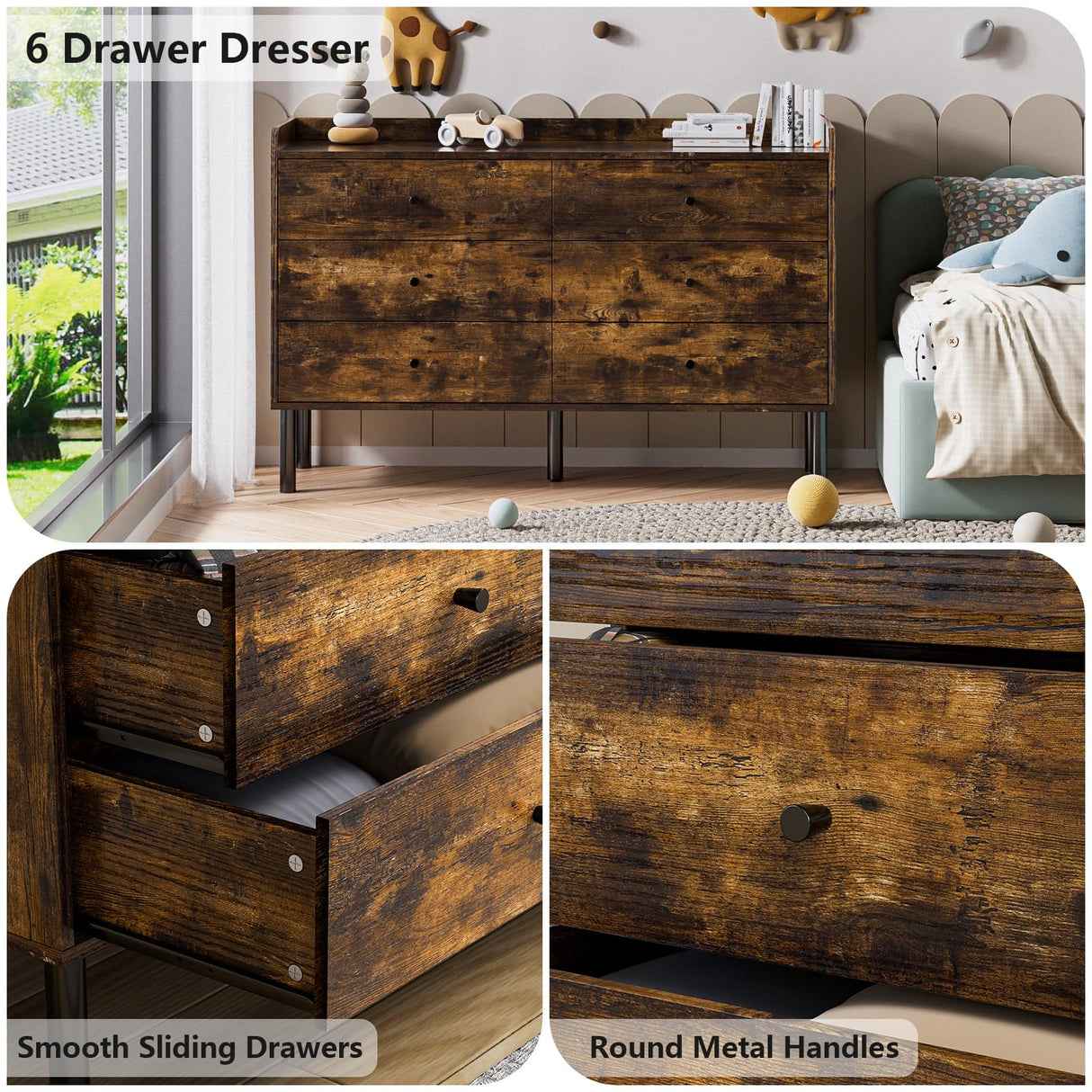 LYNSOM Dresser for Bedroom, 6 Drawer Rustic Brown Dresser with Wide Drawer and Metal Handles, Modern Dressers & Chests of Drawers for Hallway Entryway LYNSOM