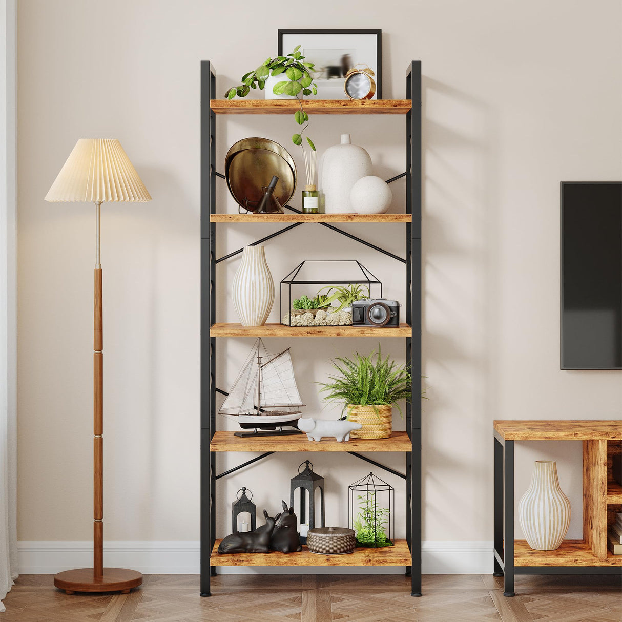 DurayLoly 5 Tier Bookshelf, Industrial Tall Bookcase, Modern Display Book Shelf with Metal Frame and Sidebars for Bedroom, Living Room and Home Office, Rustic Brown DurayLoly