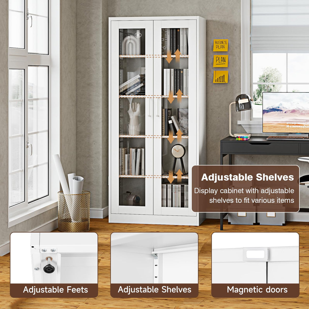 PEUKC Display Cabinet with Glass Doors, 67-inch Curio Cabinets with 4 Adjustable Shelves, HD&Tempered Glass Cabinet Display Case for Home, Office, Clinic, Pantry, Assemble Required, White PEUKC