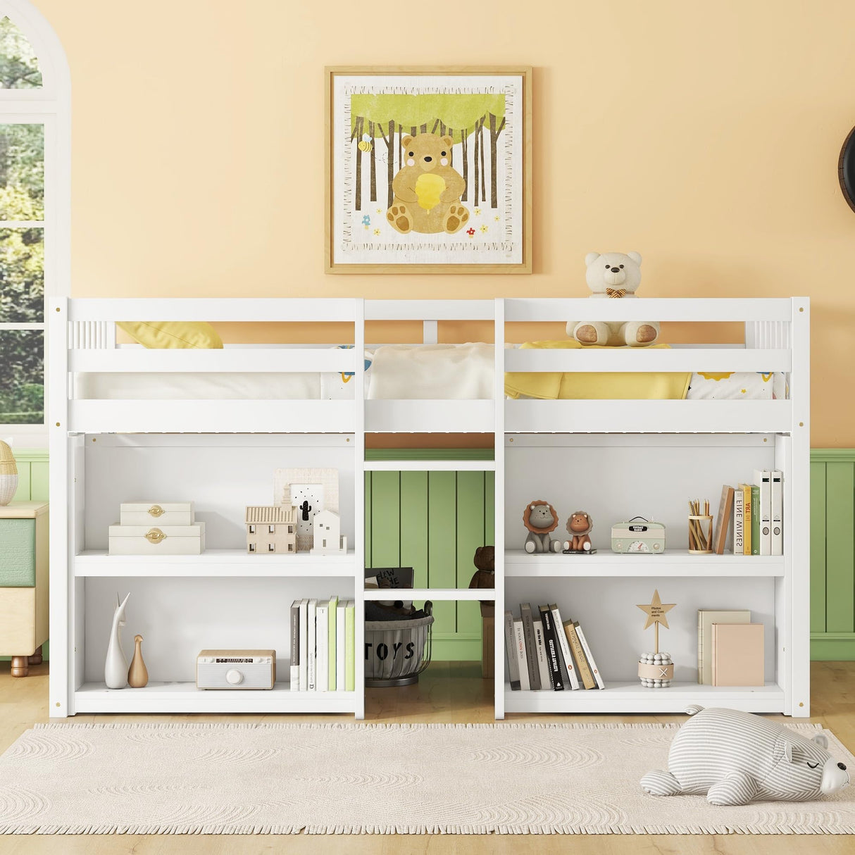 HZANHY Modern Farmhouse Twin Low Loft Bed with Storage, Stairs, Two-Tier Shelves, and LED Light for Kids HZANHY