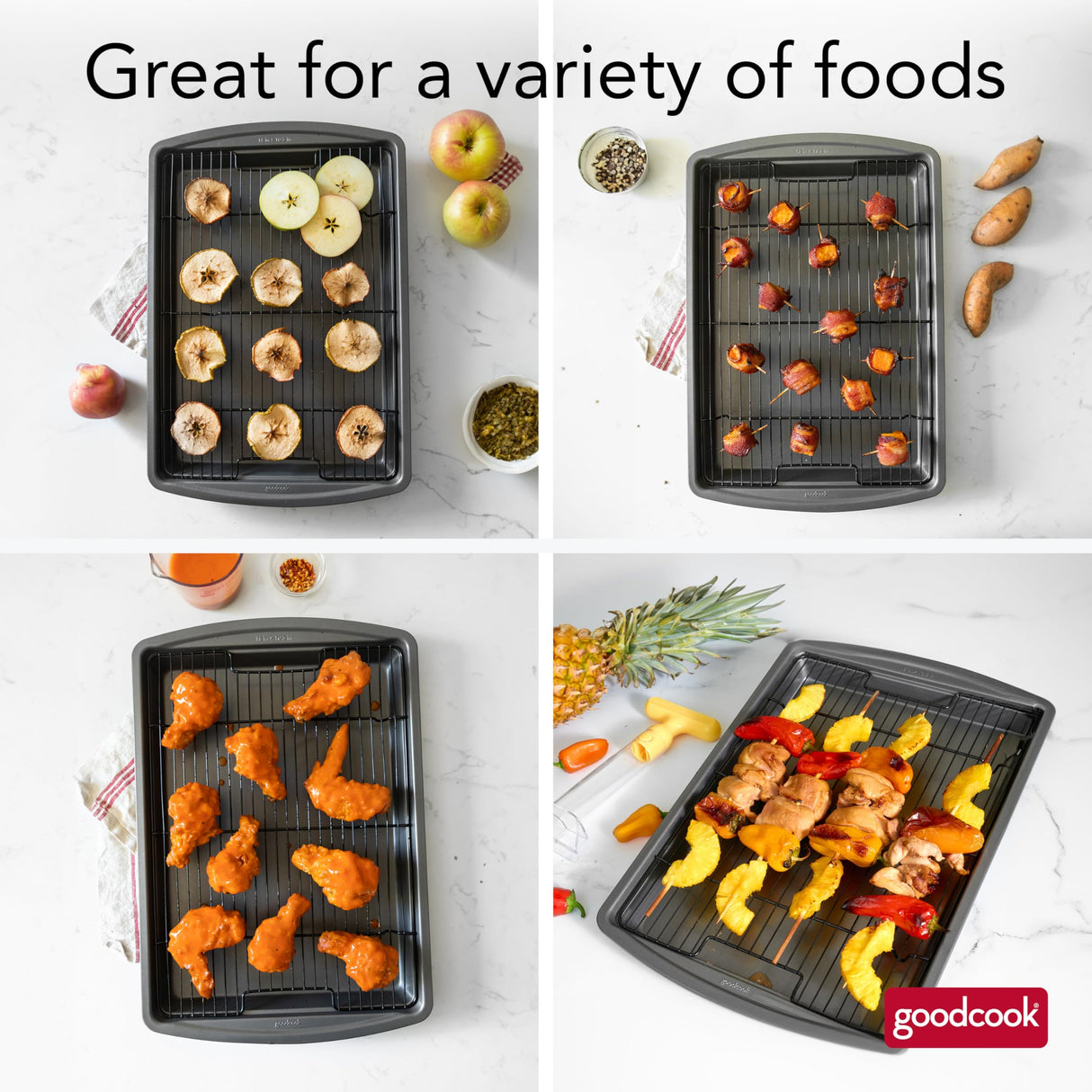 GoodCook 15” x 10.5” Nonstick Carbon Steel Baking Pan & Raised Wire Rack – Pizza Crisper, Crispy Bacon, Multipurpose Cooking Sheet Pan, Cooling Rack, Kitchen Cookware Set, Dishwasher Safe GoodCook