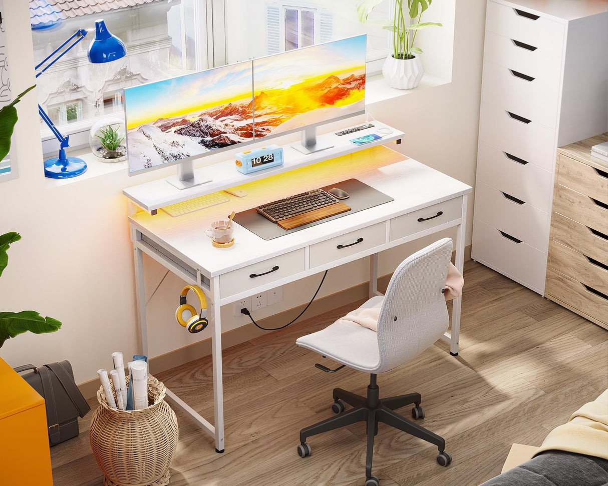 ODK 48 Inch Computer Desk with 3 Drawers and USB Power Outlets, Home Office Desks with LED Lights and Adjustable Monitor Stand, Work from Home, Modern Work/Writing/Study Table for Bedroom, White ODK